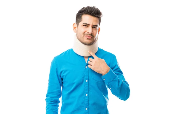 Portrait Ill Man Touching Neck Brace While Suffering Pain White — Stock Photo, Image