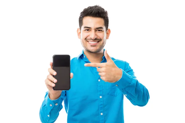 Portrait Smiling Male Showing His New Mobile Phone White Background — Stock Photo, Image