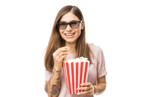 Smiling Young Woman Wearing Glasses While Enjoying Movie Popcorn White — Stock Photo, Image