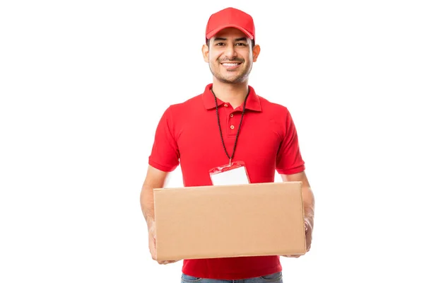Portrait Smiling Male Carrying Delivery Package White Background — Stock Photo, Image