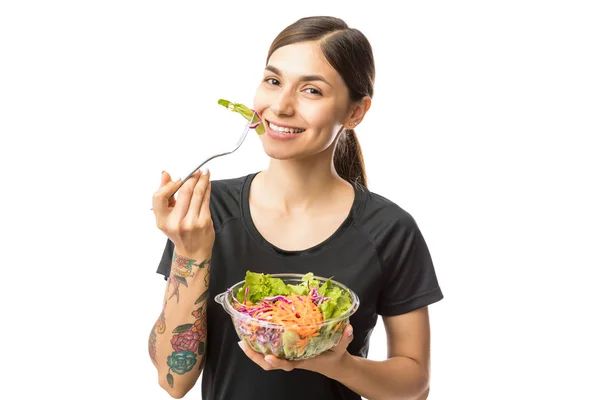 Attractive Hipster Eating Fresh Healthy Salad Bowl White Background — Stock Photo, Image