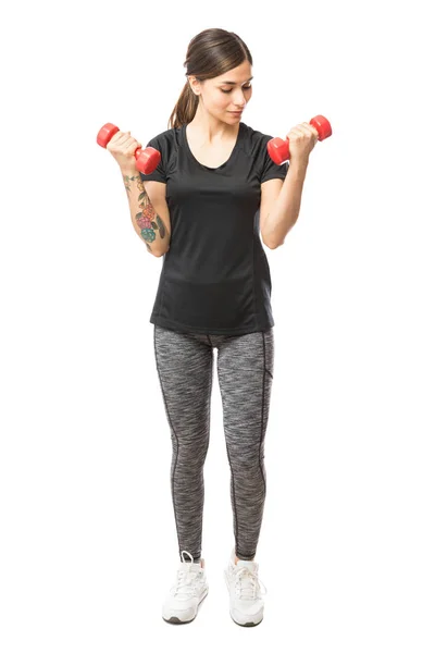 Full Length Active Female Working Out Weights White Background — Stock Photo, Image