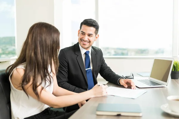 Young Businessman Flirting Female Colleague While Working Office — Stock Photo, Image