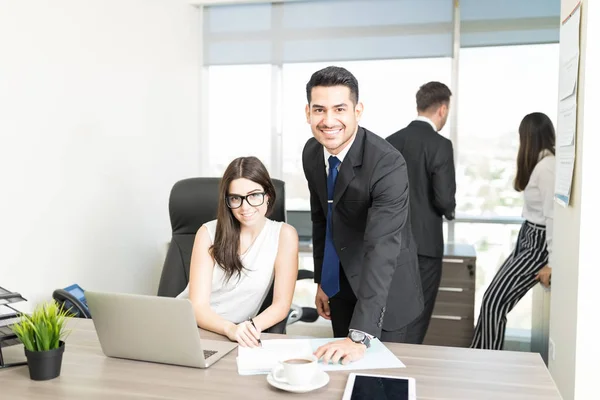 Smiling Multiethnic Lawyers Discussing Case Desk Office — Stock Photo, Image