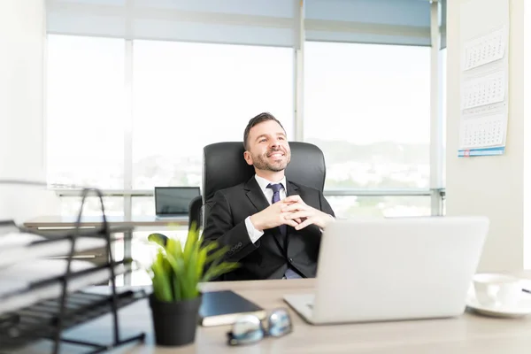 Hispanic Executive Manager Thinking Something Good While Sitting Office — Stock Photo, Image