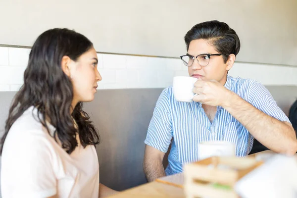 Young Male Partner Listening Girlfriend While Sitting Coffee Shop — Stock Photo, Image