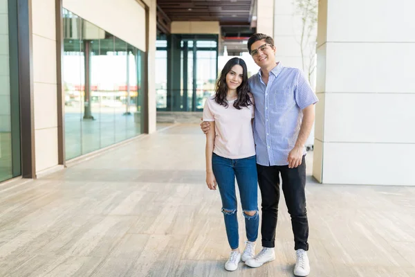 Full Length Portrait Good Looking Partners Standing Together Corridor Shopping — Stock Photo, Image