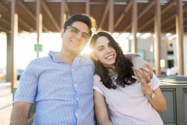 Portrait Beautiful Latin Couple Holding Hands While Enjoying Outdoor Date — Stock Photo, Image