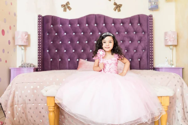 Portrait Confident Girl Princess Costume Sitting Her Bedroom — Stock Photo, Image