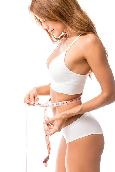 Mulher Sexy Apto Medindo Seu Corpo Com Fita Estúdio — Fotografia de Stock