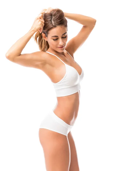 Seductive Woman Arms Raised Wearing Underwear White Background — Stock Photo, Image