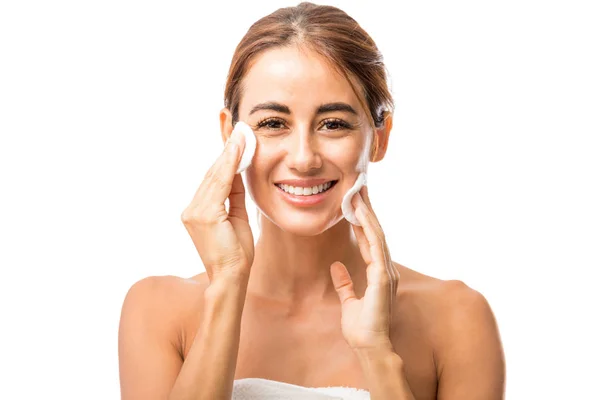 Portrait Happy Woman Removing Makeup Cotton Pads Studio — Stock Photo, Image