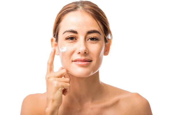 Female Model Pampering Self Facial Cream Studio — Stock Photo, Image