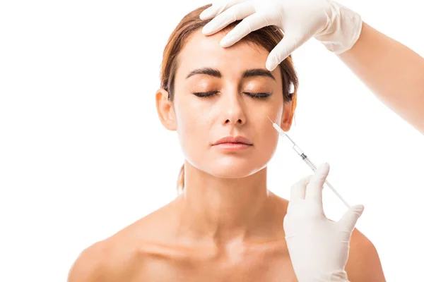 Closeup Beautiful Mid Adult Woman Receiving Facial Beauty Injection White — Stock Photo, Image