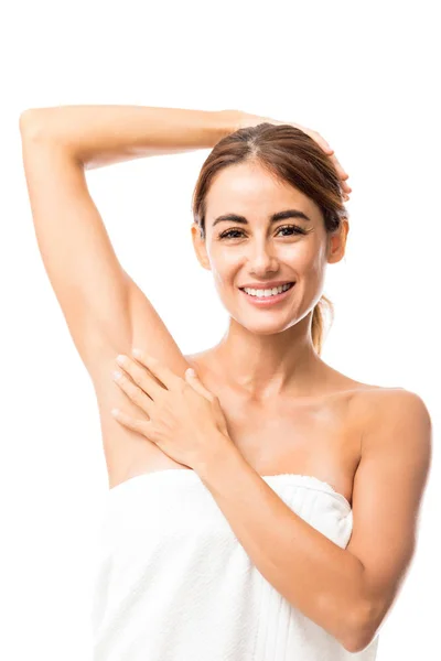 Smiling Attractive Woman Touching Her Soft Armpit Shave White Background — Stock Photo, Image