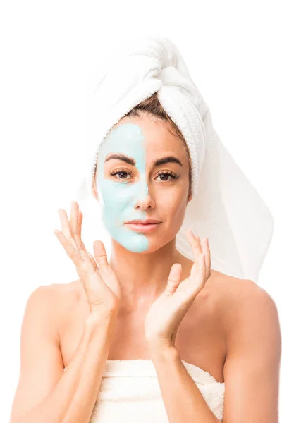 Portrait Sexy Mid Adult Woman Cream Half Her Face Skincare — Stock Photo, Image