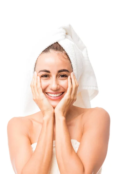 Portrait Cute Woman Hands Cheeks Wearing Towel Head White Background — Stock Photo, Image