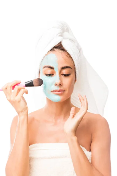 Attractive Hispanic Woman Soft Skin Applying Facial Mask White Background — Stock Photo, Image