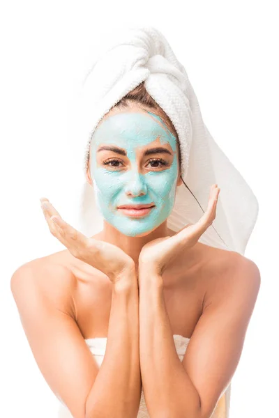 Portrait Pretty Woman Blue Face Mask Face Gesturing White Background — Stok Foto