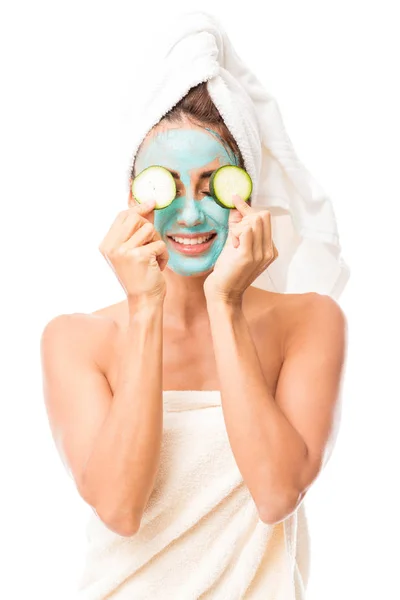 Attractive Smiling Latin Woman Hair Tied Towel Undergoing Beauty Treatment — Stock Photo, Image