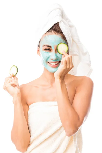 Gorgeous Woman Smiling While Holding Cucumber Slices Undergoing Beauty Treatment — Stock Photo, Image