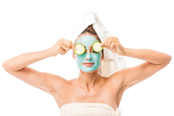 Hispanic Sexy Woman Cosmetic Mask Covering Her Eyes Cucumber Slices — Stock Photo, Image