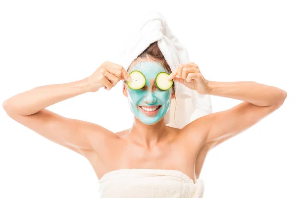 Smiling Mid Adult Woman Facial Mask Covering Her Eyes Cucumber — Stock Photo, Image