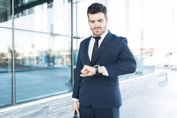 Stylish Handsome Latin Businessman Checking Time His Watch City — Stock Photo, Image