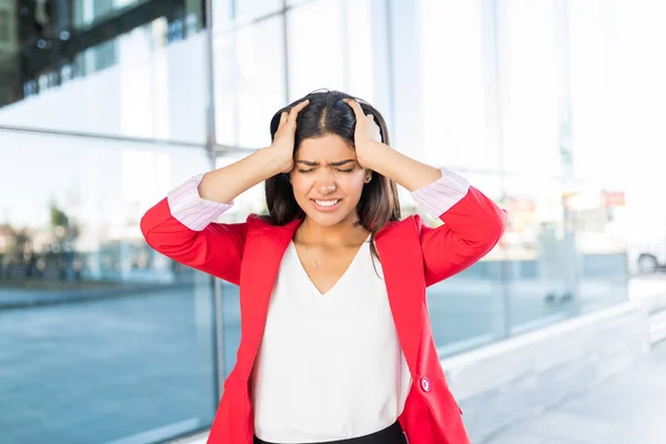 Frustrated Corporate Female Executive Hands Hair Standing Office Building — Stock Photo, Image