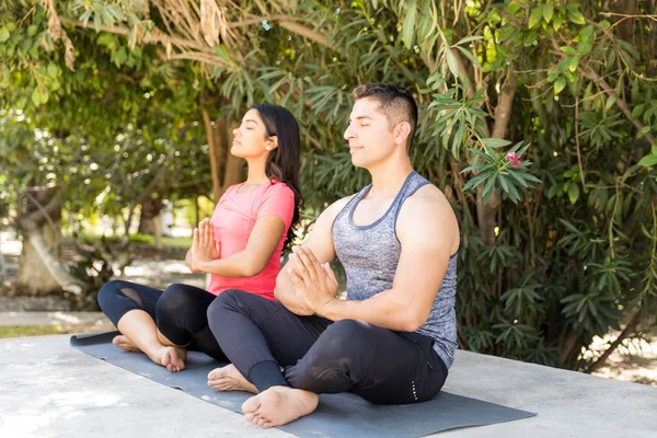 Young Partners Exercising Hands Clasped Lotus Position Park — Stock Photo, Image