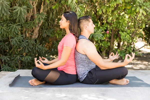 在公园的运动垫上练习瑜伽时 情侣背靠背坐着的侧视图 — 图库照片