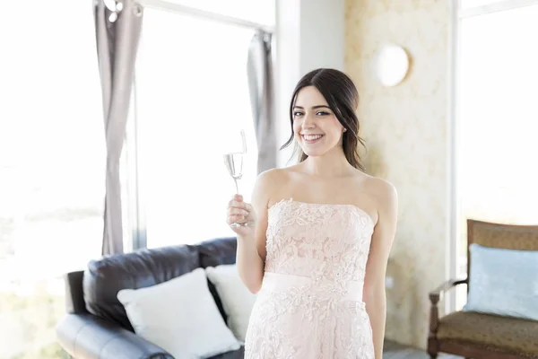 Portrait Caucasian Pretty Woman Wedding Gown Holding Champagne Flute Living — Stock Photo, Image