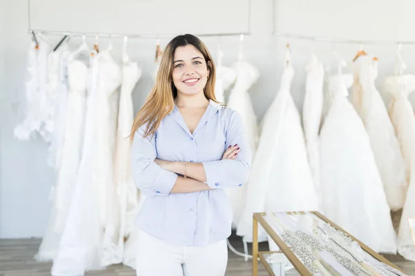 Portrait Smiling Young Business Owner Standing Arms Crossed Bridal Shop — Stock Photo, Image