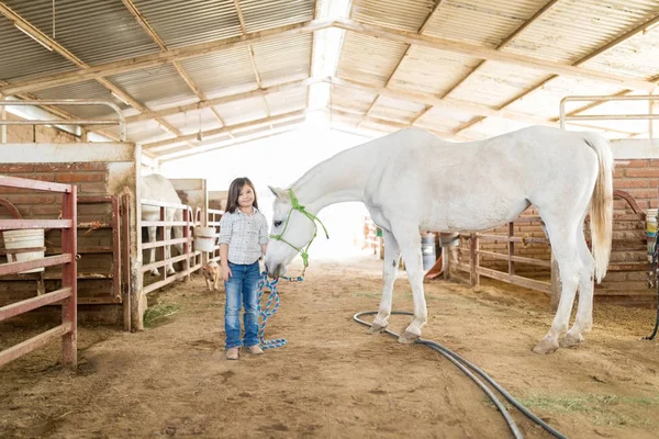 Pełnej Długości Mały Farmer Stojąc Białego Konia Stajni — Zdjęcie stockowe