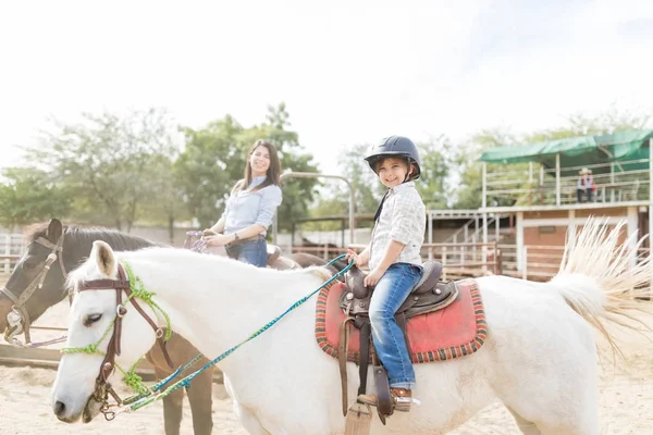 Innocent Female Child Enjoying Horseback Riding Mother Ranch — Stock Photo, Image