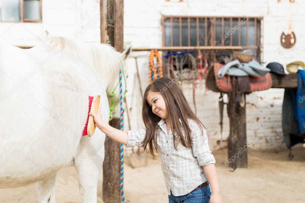 Brunette girl smiling while brushing horse for wellbeing in stable