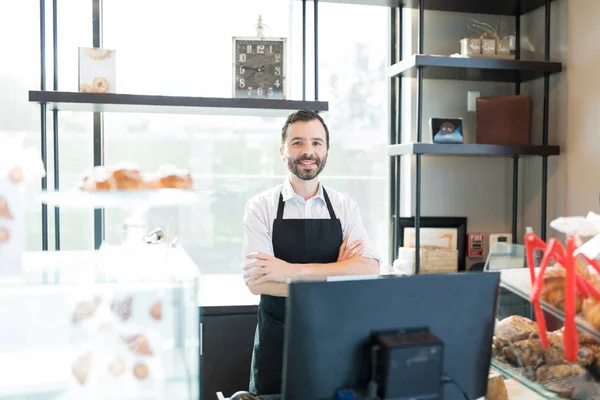 Portrait Owner Standing Arms Crossed Counter Bakery Shop — Stock Photo, Image