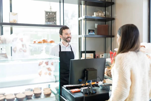 Salesman Taking Order Customer While Standing Checkout Counter Bakery — Stock Photo, Image