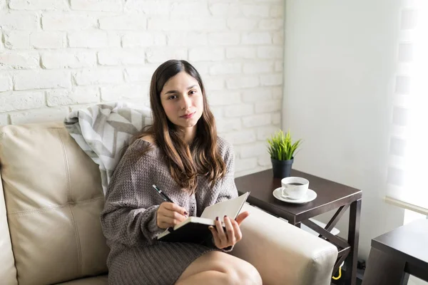 Portrait Confident Woman Writing Notes While Resting Living Room — Stock Photo, Image