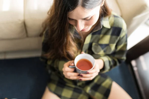 High Angle View Young Woman Having Cup Coffee Relax Home — Stock Photo, Image