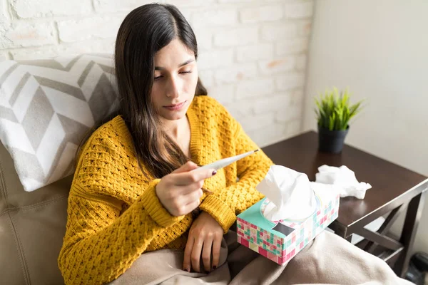 Unwell Woman Looking Thermometer While Suffering High Fever Winter — Stock Photo, Image