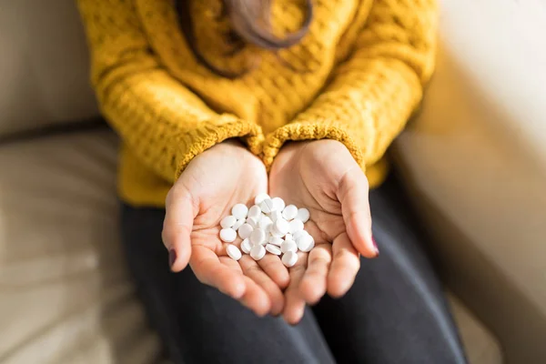 Cropped Image Woman Holding White Tablets Cupped Hands Home — Stock Photo, Image