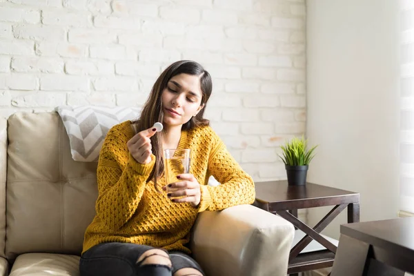 Weak Woman Looking Effervescent Tablet While Suffering Fever Home — Stock Photo, Image