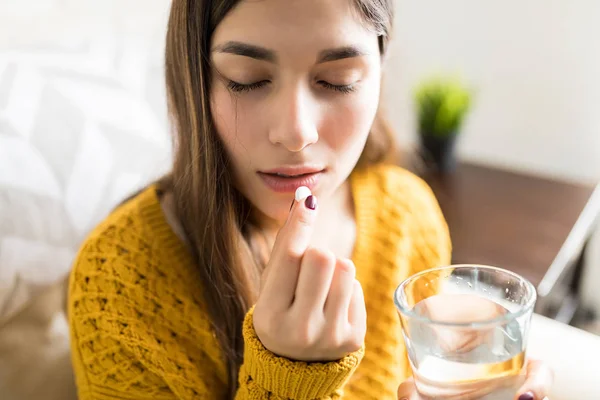 Closeup Exhausted Woman Taking Medicine Prevent Fever Home — Stock Photo, Image