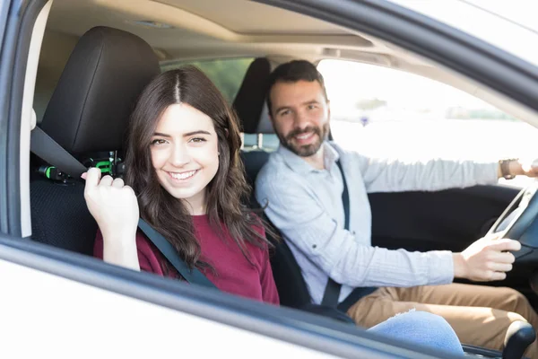 Portrait Charming Young Woman Sitting Boyfriend Car — Stock Photo, Image