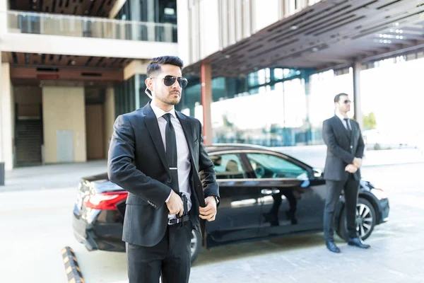 Trustworthy Bodyguard Removing Handgun Protect Boss Car Street — Stock Photo, Image