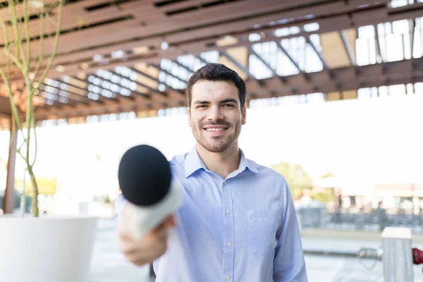 Good Looking Reporter Microphone Conducting Interview Asking Questions — Stock Photo, Image