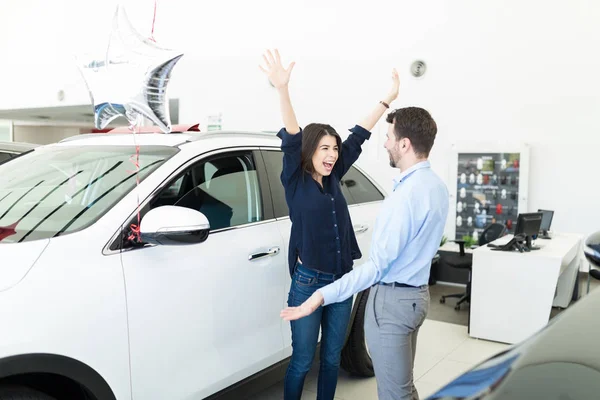 Excited Mid Adult Woman Hands Raised Hug Boyfriend His Beautiful — Stock Photo, Image