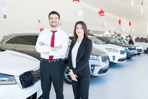 Portrait Hispanic Dealers Wearing Formals While Working Car Showroom — Stock Photo, Image