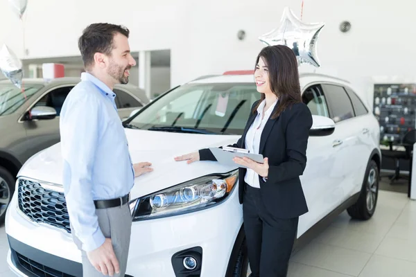 Friendly Knowledgeable Adviser Showing Car Businessman His Desire — Stock Photo, Image